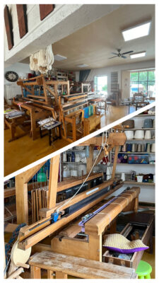intérieur de l'atelier avec des métiers à tisser