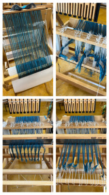 métier à tisser avec fils turquoises et gris foncé en cours de montage