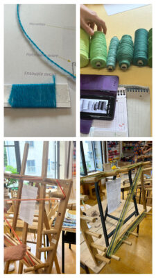 différentes étapes de préparation du tissage avec des fils et un ourdissoir