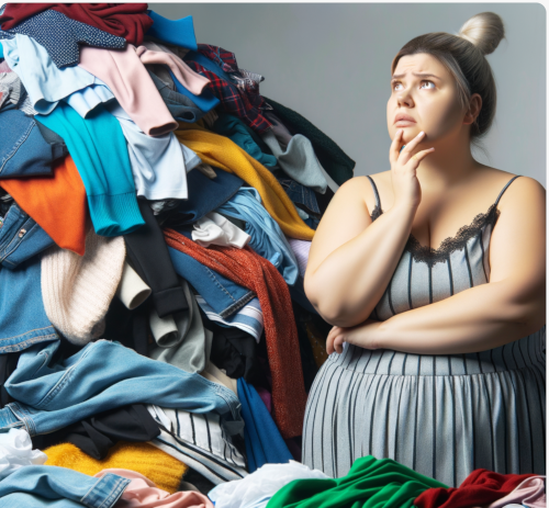 une femme ronde devant un tas de vêtements